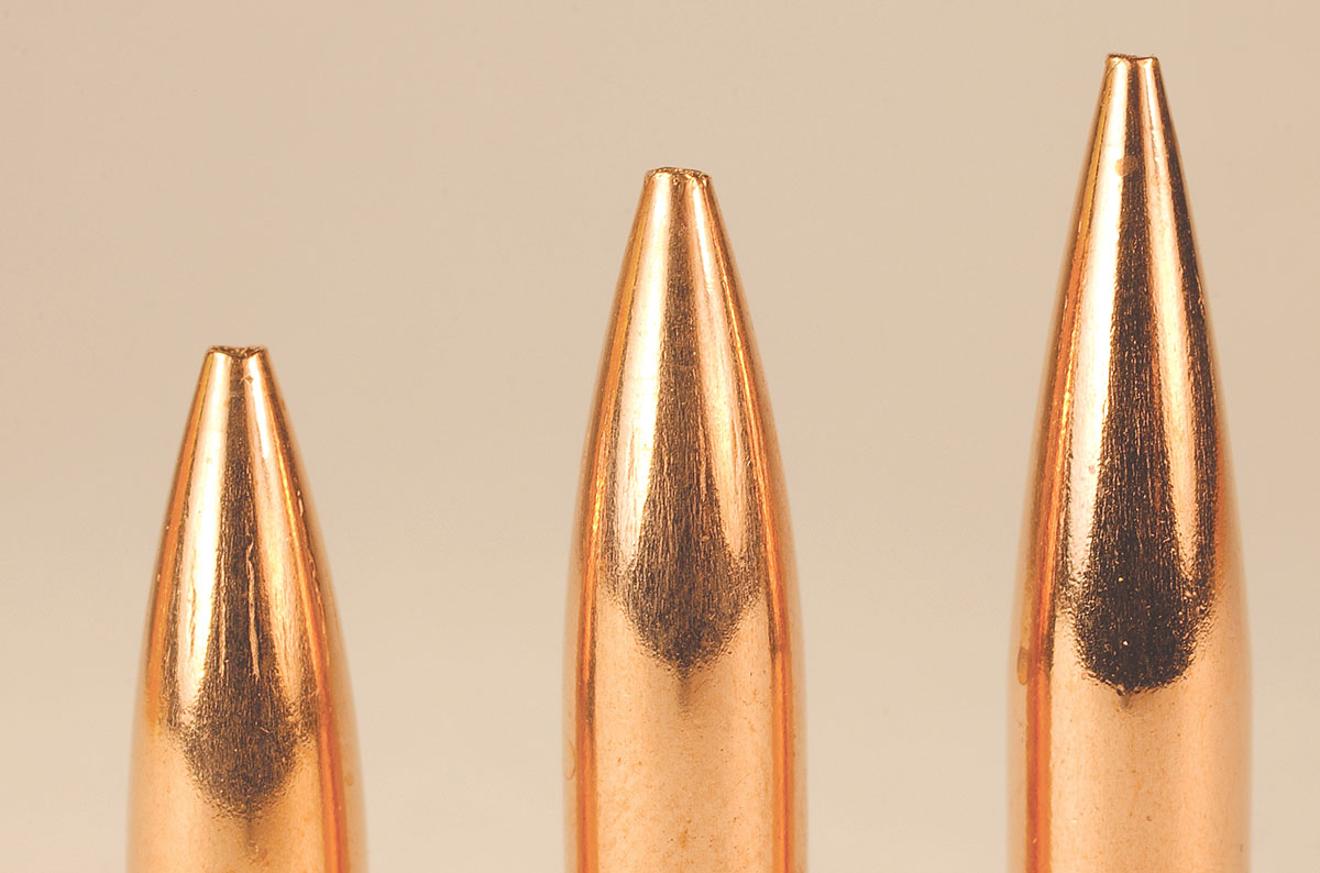 The Berger 60-grain Varmint bullet (left) and 73-grain BT Target bullet (center) feature tangent ogives that have more of a curve compared to the secant ogive on the 80-grain VLD Target bullet (right).